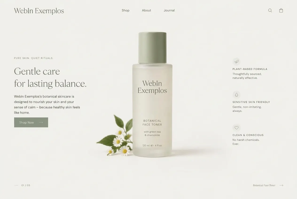 Referência visual: site minimalista de skincare