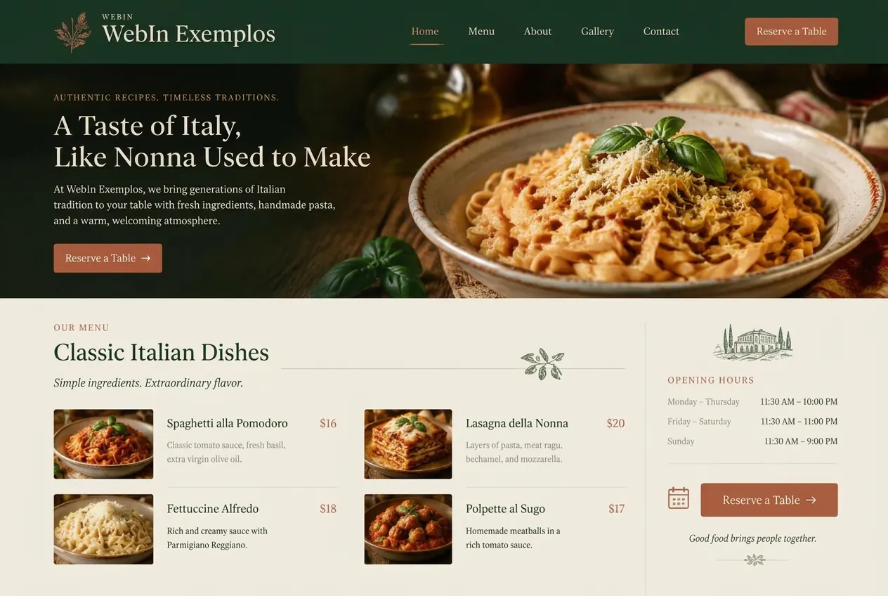 Referência visual: site de restaurante italiano