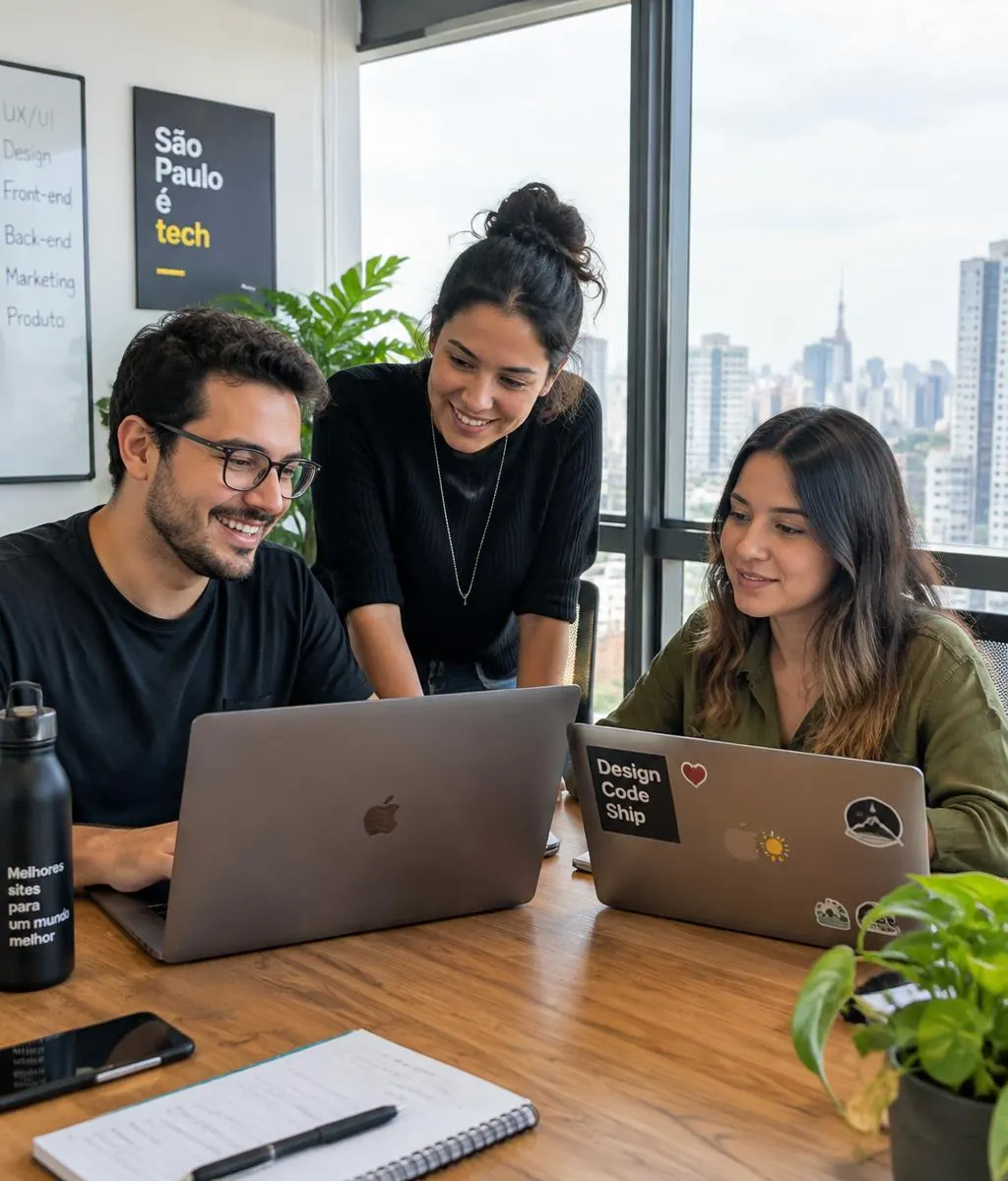 Pessoas trabalhando juntas em um projeto de site diante de um notebook