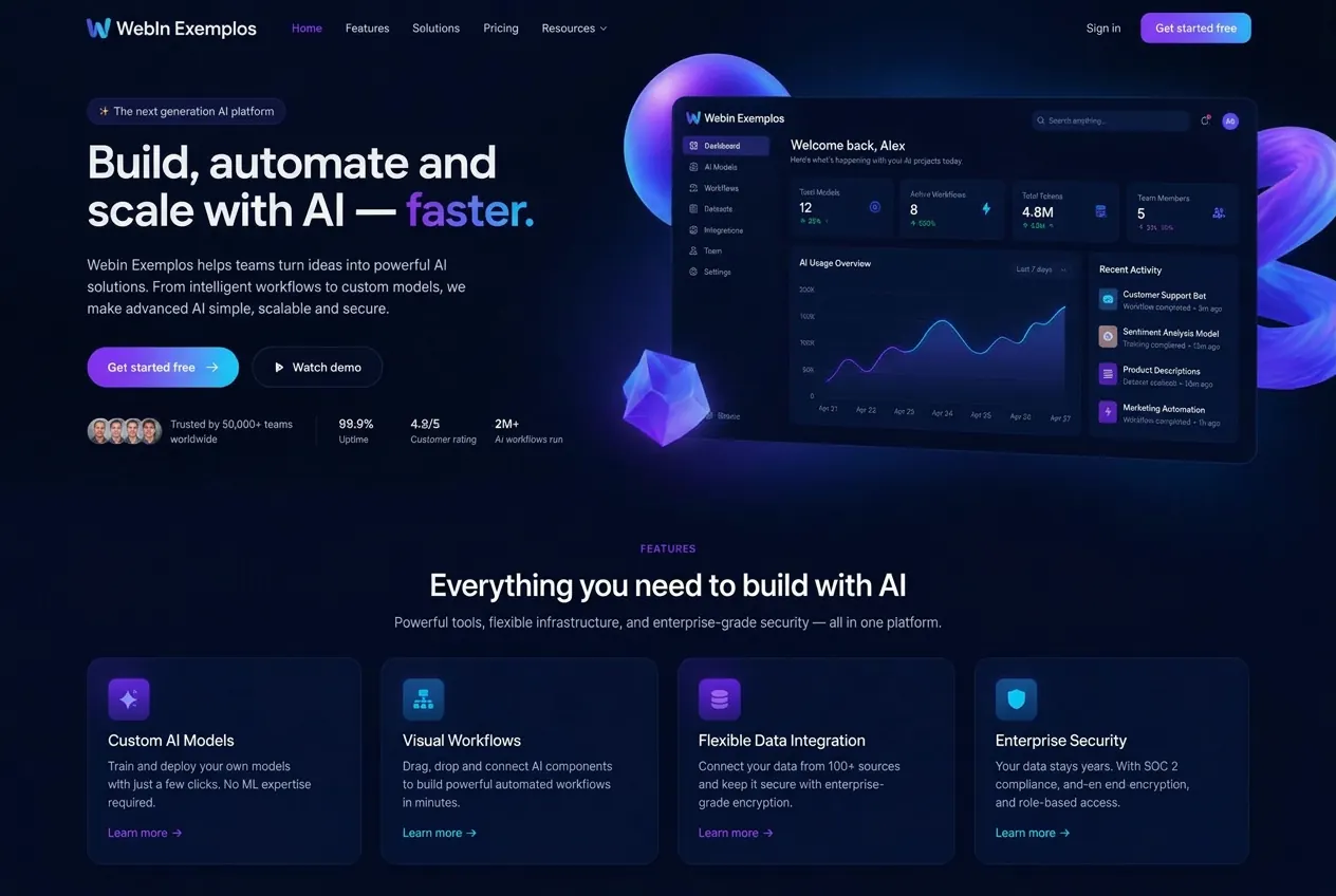 Referência visual: site de plataforma de IA